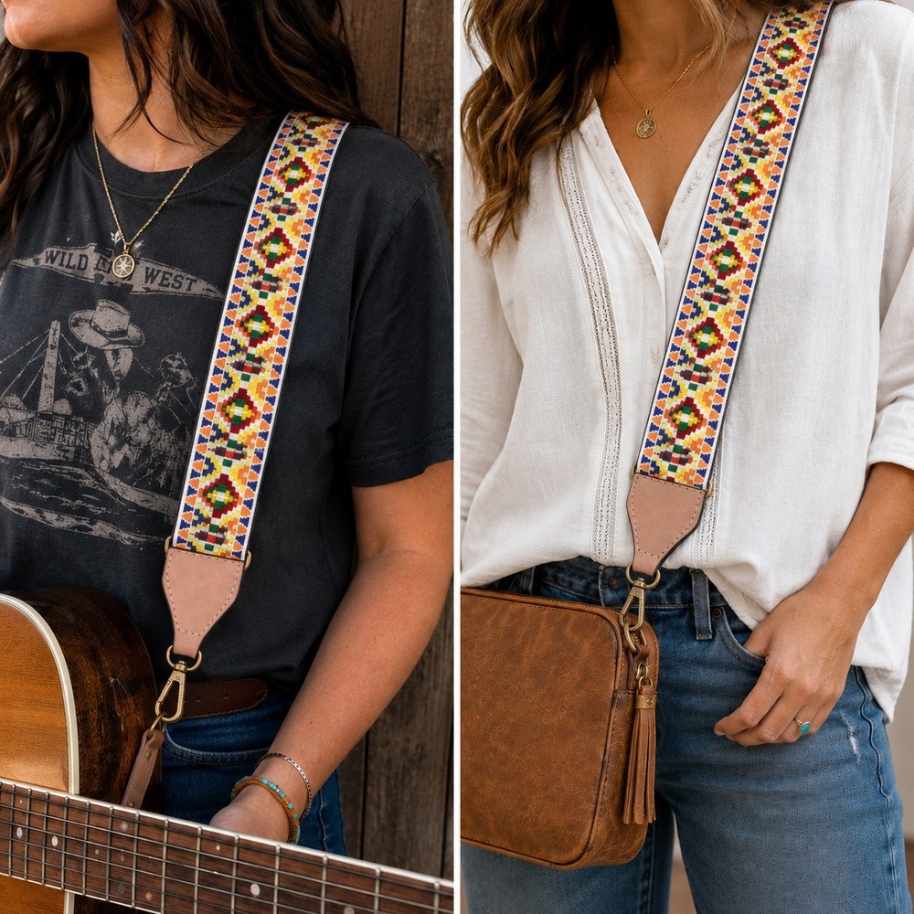 Embroidered Guitar Bag Strap Multi Color Geometric Boho Crossbody Replacement